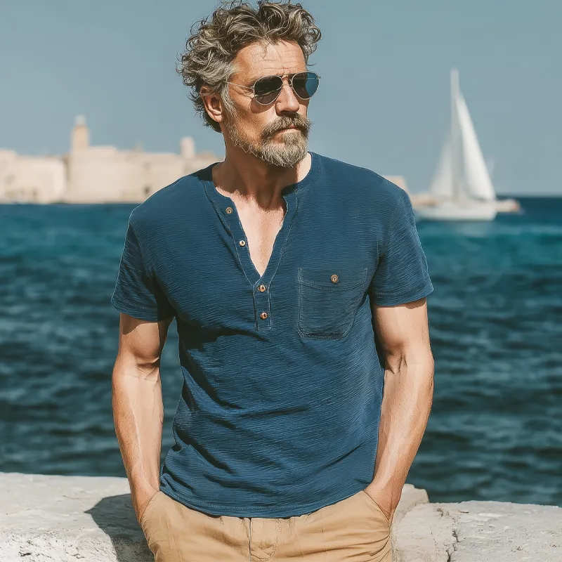 Men's Summer Classic Henley Collar Textured Short Sleeve T-Shirt MTA0277G1U sold by Manly product image thumbnail 3