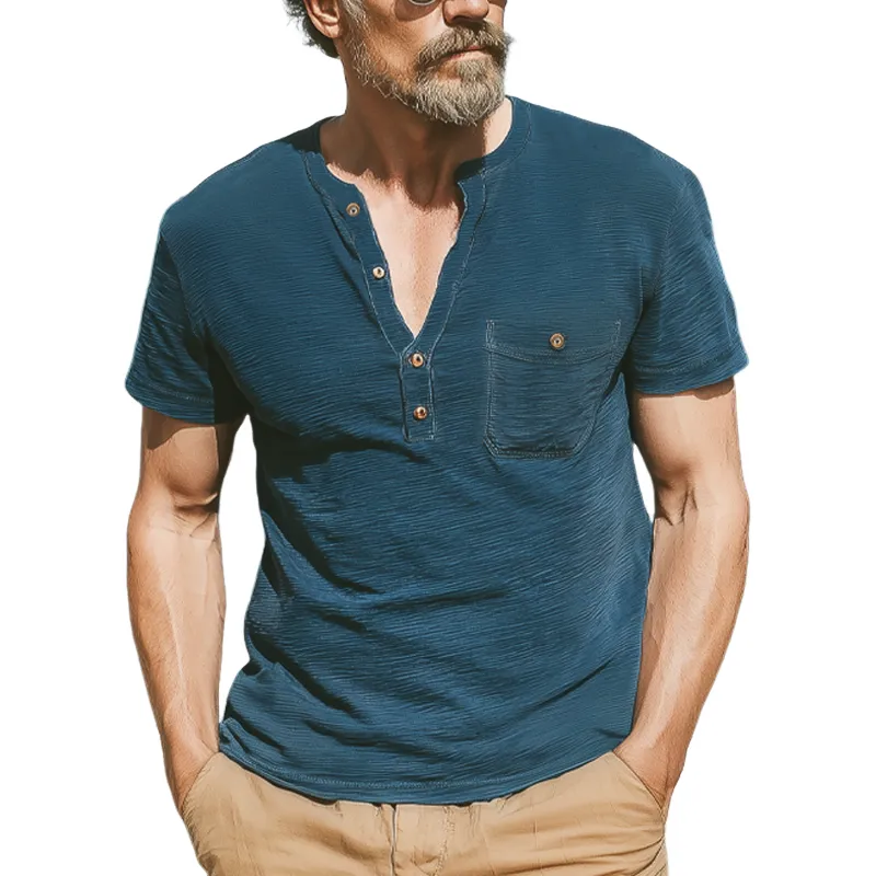 Men's Summer Classic Henley Collar Textured Short Sleeve T-Shirt MTA0277G1U sold by Manly