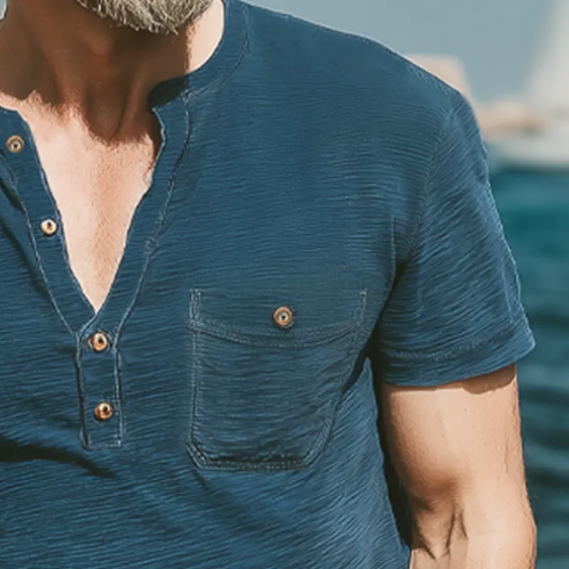 Men's Summer Classic Henley Collar Textured Short Sleeve T-Shirt MTA0277G1U sold by Manly product image thumbnail 4