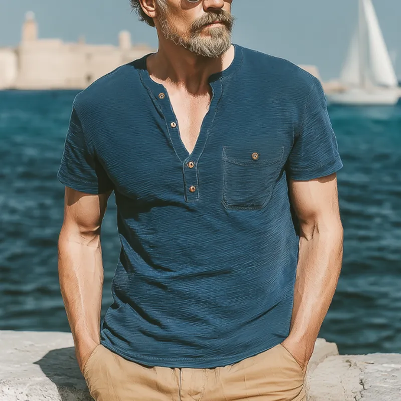 Men's Summer Classic Henley Collar Textured Short Sleeve T-Shirt MTA0277G1U sold by Manly product image thumbnail 2