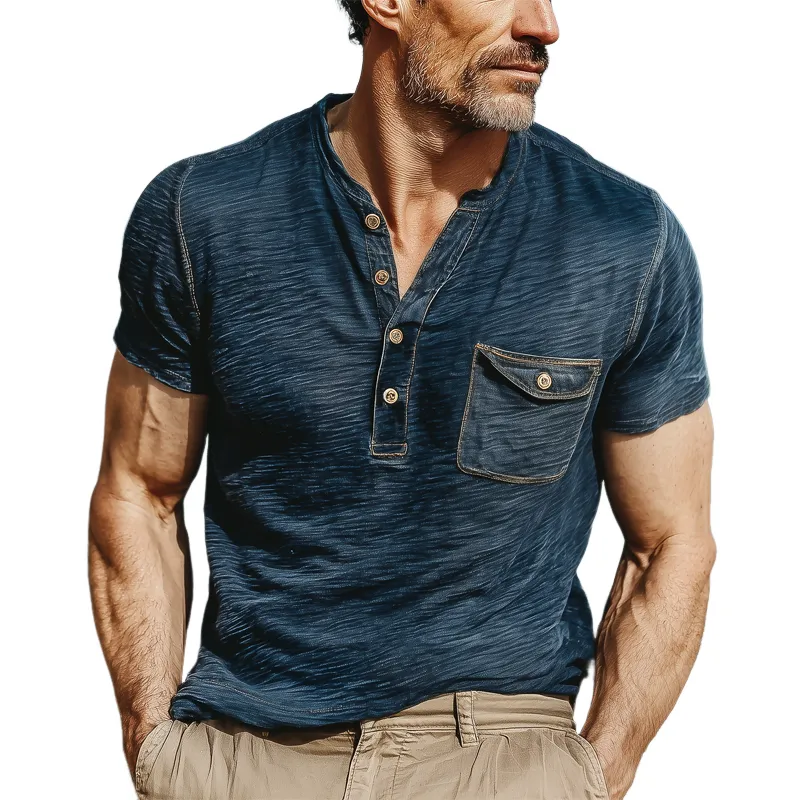 Men's Summer Classic Henley Collar Textured Short Sleeve T-Shirt MTA0257G3U sold by Manly