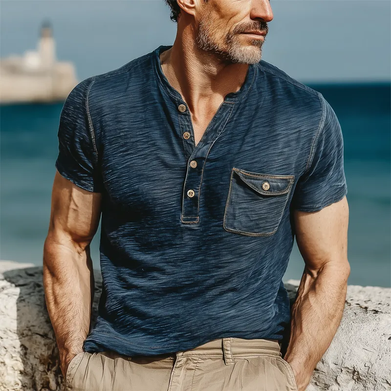 Men's Summer Classic Henley Collar Textured Short Sleeve T-Shirt MTA0257G3U sold by Manly product image thumbnail 2