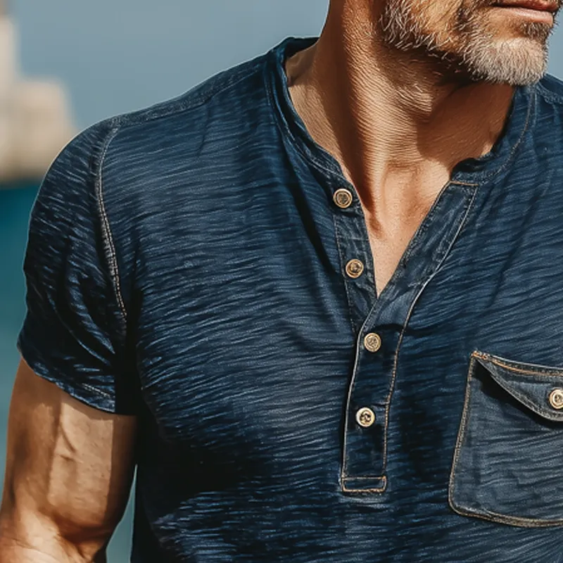 Men's Summer Classic Henley Collar Textured Short Sleeve T-Shirt MTA0257G3U sold by Manly product image thumbnail 3