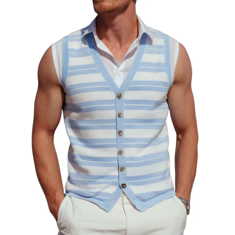Men's Fashion Contrast Striped Thin V-neck Single-breasted Slim Fit Knitted Vest (Shirt Excluded) MTA0150G7M sold by Manly