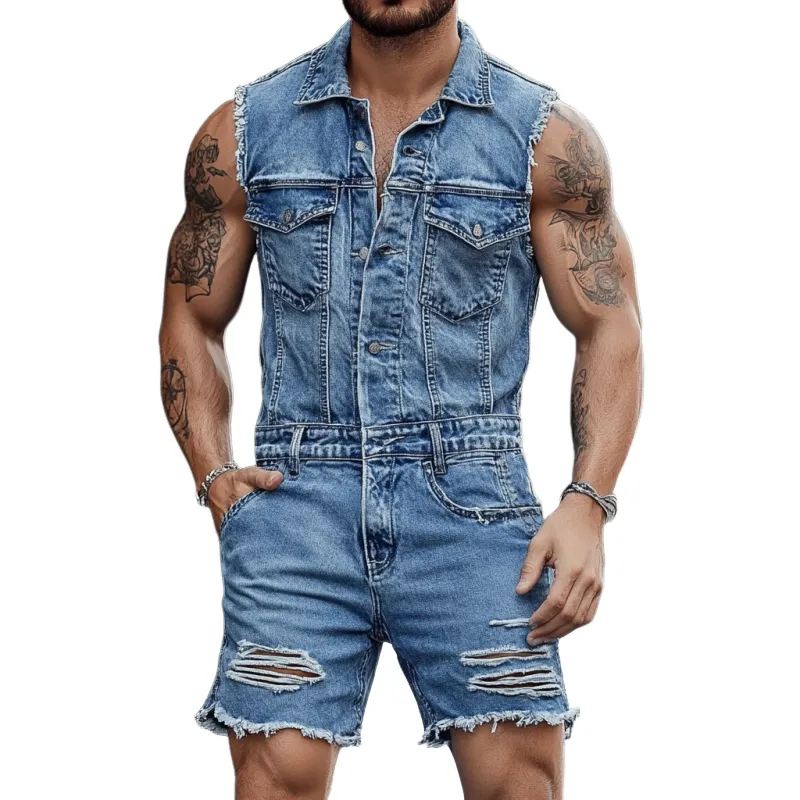 Men's Fashion Lapel Sleeveless Shorts Ripped Denim Jumpsuit MTA2303F2Y sold by Manly