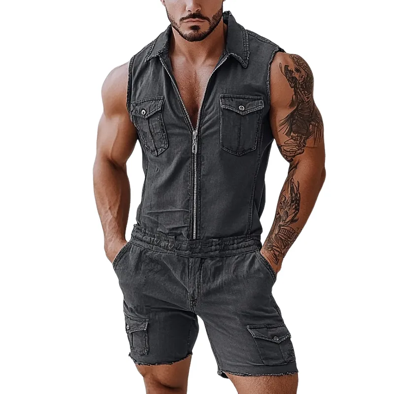 Men's Fashion Lapel Sleeveless Zipper Multi-Pocket Denim Jumpsuit MTA2399F8Y sold by Manly