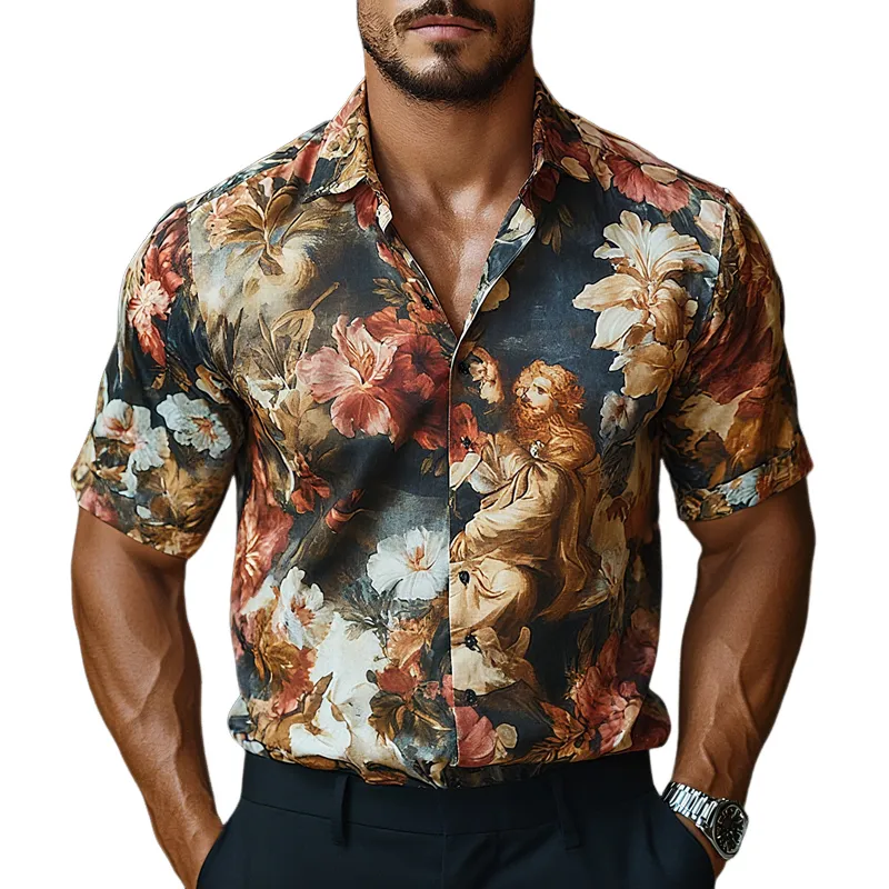 Men's Vintage Floral Print Lapel Short Sleeve Shirt MTA0119G4Z sold by Manly