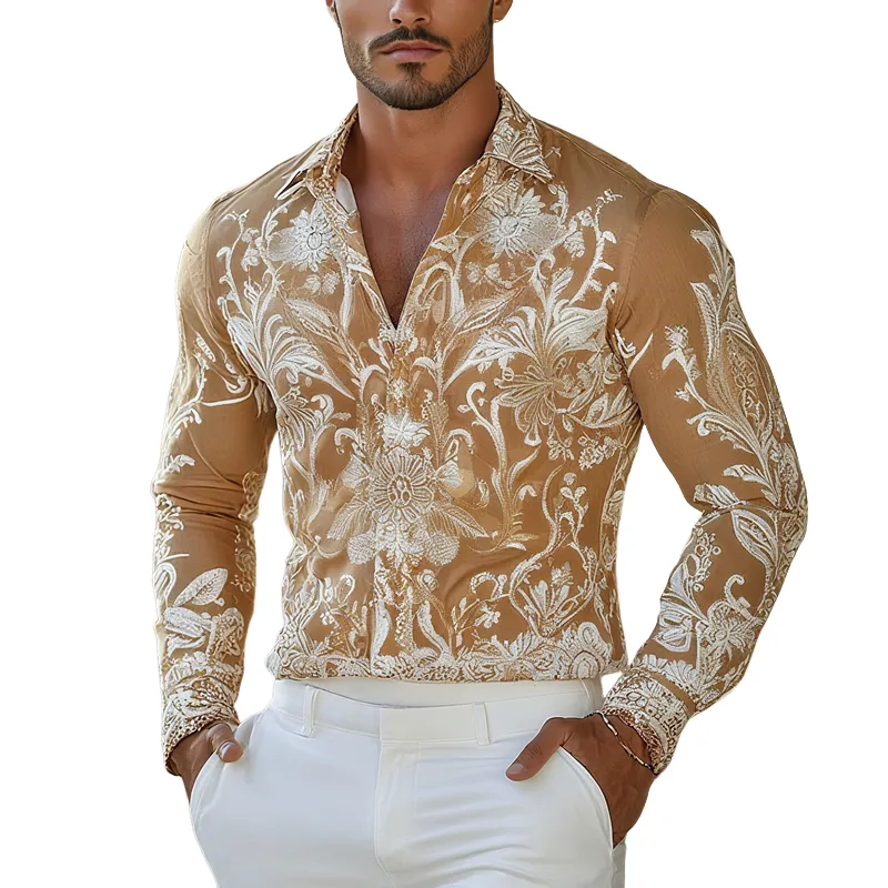 Men's Vintage Print Lapel Long Sleeve Shirt MTA0134G2Z sold by Manly