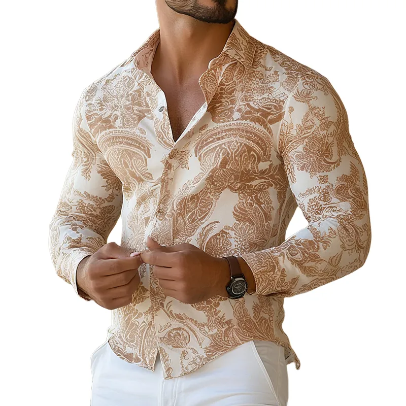 Men's Vintage Print Lapel Long Sleeve Shirt MTA0146G3Z sold by Manly