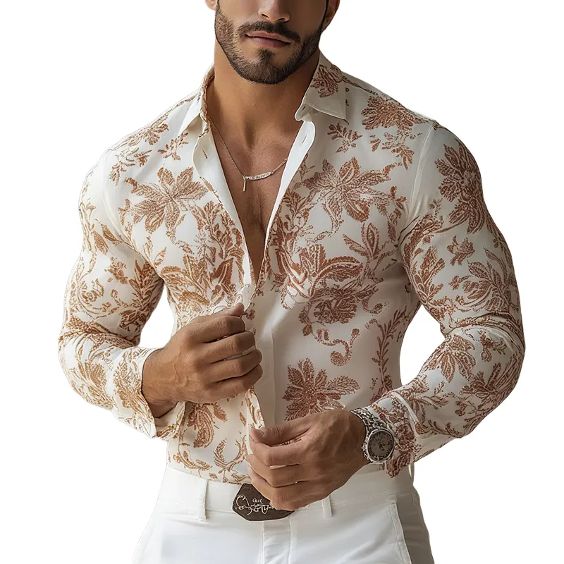 Men's Vintage Print Lapel Long Sleeve Shirt MTA0180G8Z sold by Manly