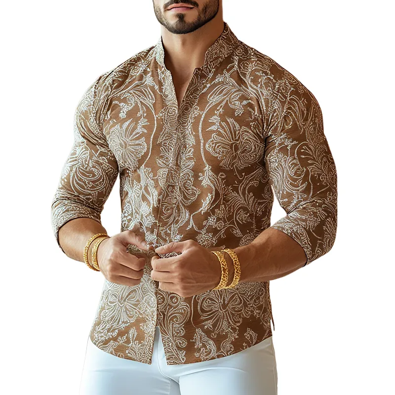 Men's Vintage Print Stand Collar Long Sleeve Shirt MTA0171G9Z sold by Manly