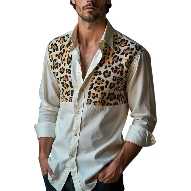 Men's Leopard Stitching Lapel Long Sleeve Shirt MTA0171G4Z sold by Manly