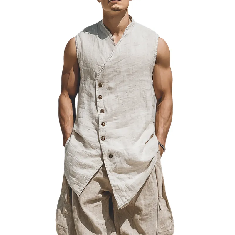 Men's Cotton And Linen Stand Collar Solid Color Loose Vest MTA0140G2X sold by Manly