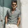 Men's Cotton And Linen Solid Color Short-Sleeved Shirt MTA0142G5X sold by Manly