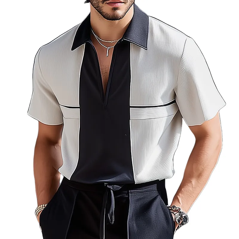 Men's Retro Casual Colorblock Striped Lapel Short Sleeve Shirt MTA0167G2TO sold by Manly