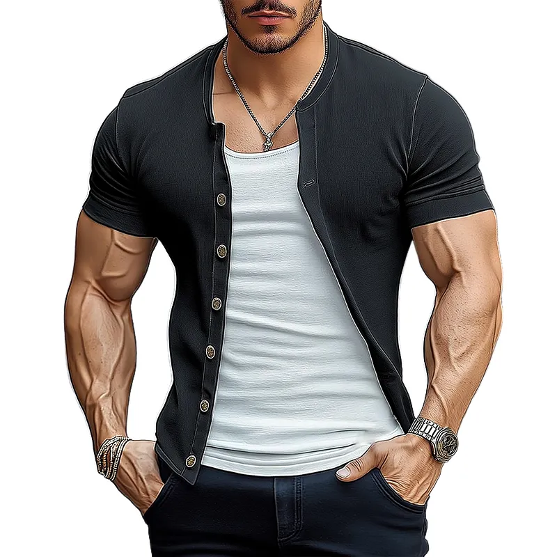 Men's Retro Casual Fake Two-Piece Single-Breasted Round Neck Short Sleeve T-Shirt MTA0197G4TO sold by Manly