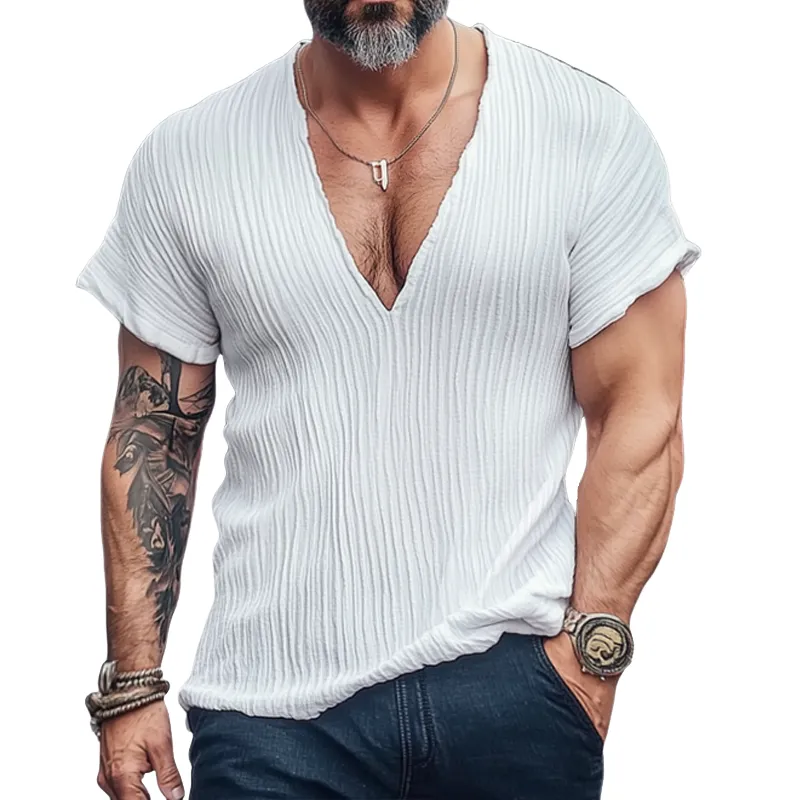 Men's Retro Casual Pleated V-neck Short Sleeve T-shirt MTA0104G5TO sold by Manly