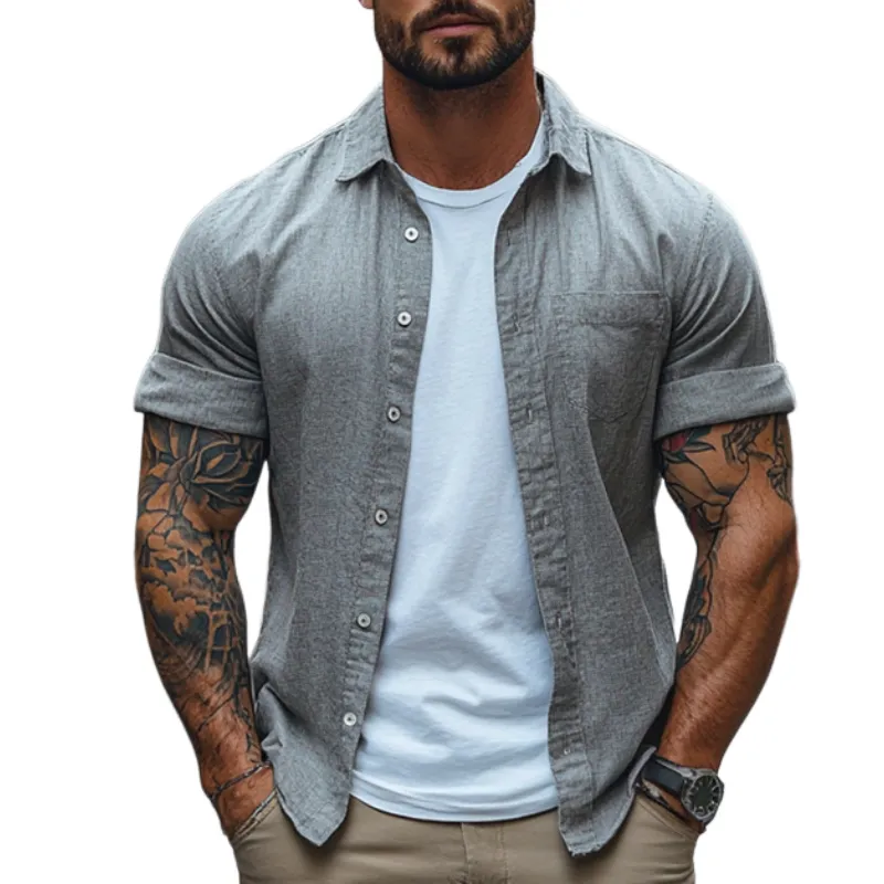 Men's Vintage Casual Linen Pocket Lapel Short Sleeve Shirt MTA2016E7TO sold by Manly