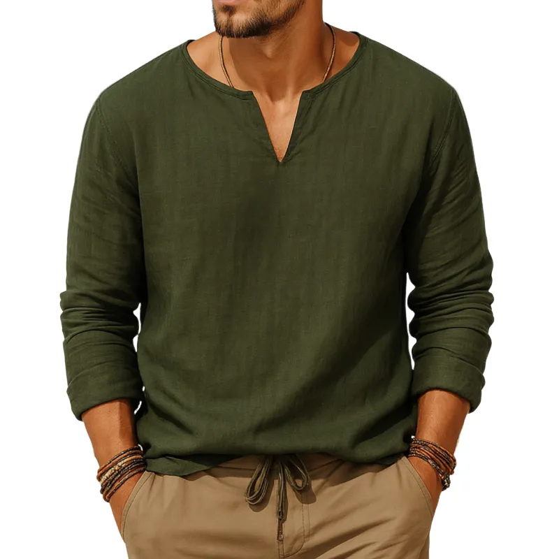 Men's Casual Solid Color Breathable Cotton Linen V-neck Loose Long-sleeved T-shirt MTA0173G7M sold by Manly