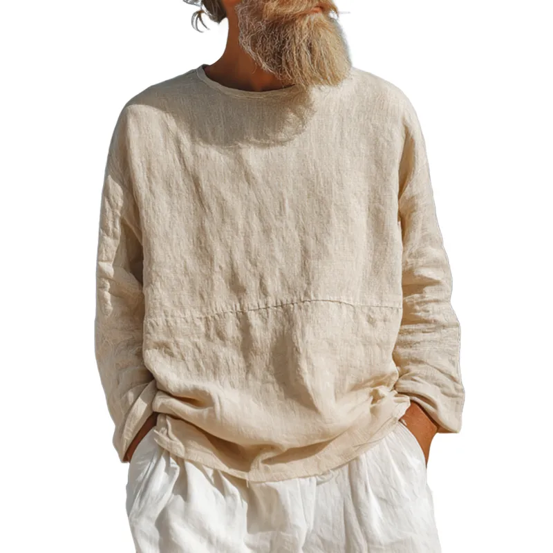 Men's Casual Breathable Cotton Linen Round Neck Loose Long-sleeved T-shirt MTA0121G9M sold by Manly