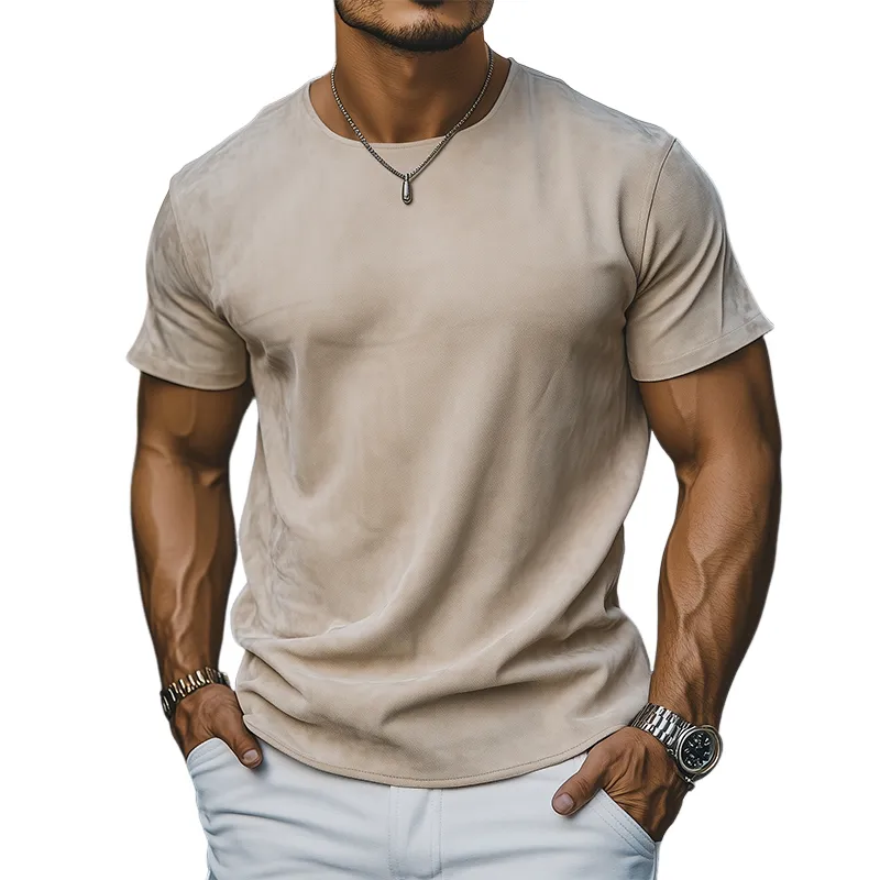 Men's Spring And Summer Casual Thin Suede Round Neck Short Sleeve T-Shirt MTA0165G7K sold by Manly