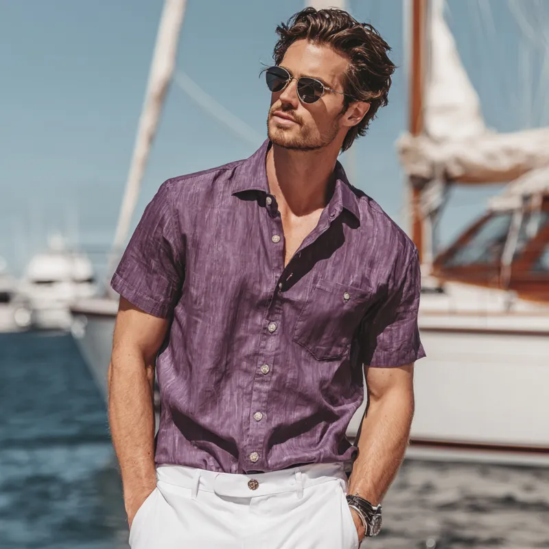 Men's Casual Breathable Cotton Linen Lapel Patch Pocket Loose Short-sleeved Shirt MTA0177G2M sold by Manly product image thumbnail 3