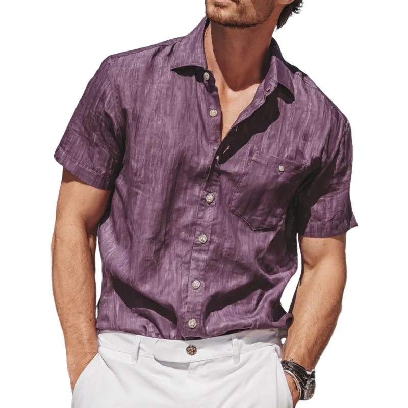 Men's Casual Breathable Cotton Linen Lapel Patch Pocket Loose Short-sleeved Shirt MTA0177G2M sold by Manly