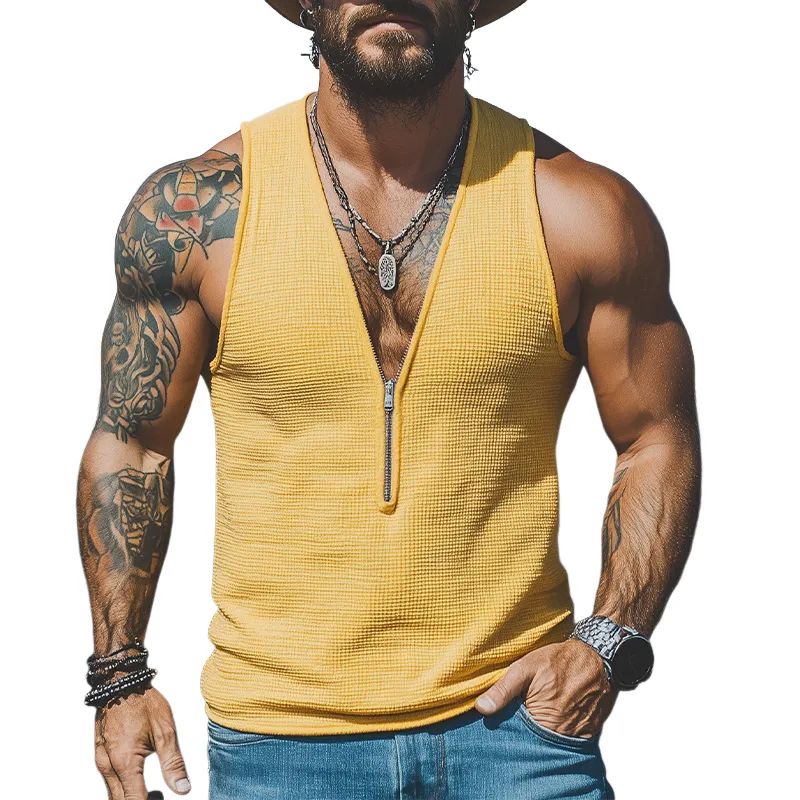 Men's Spring And Summer Casual Waffle Slim Zipper Deep V Neck Tank Top MTA0117G4K sold by Manly