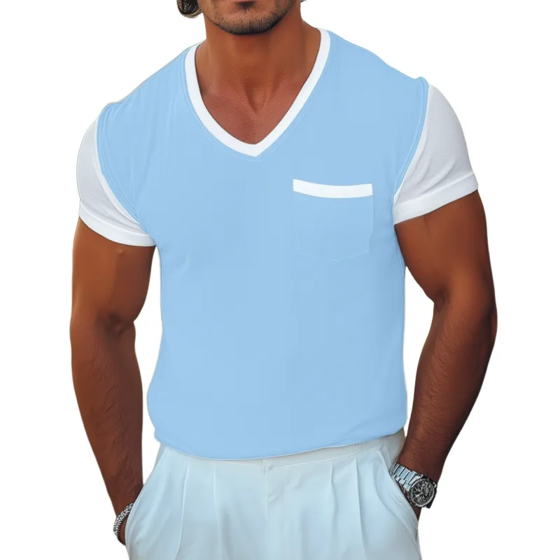 Men's Casual Breathable Cotton Colorblock V-neck Patch Pocket Slim Fit Short-sleeved T-shirt MTA0183G3M sold by Manly