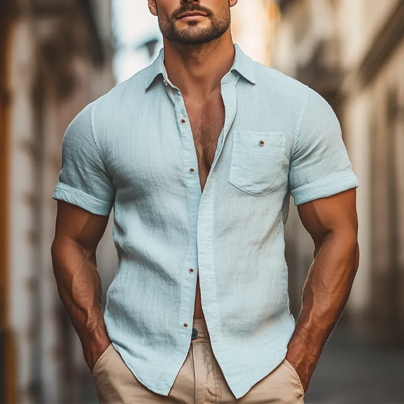 Men's Summer Casual Solid Color Cotton And Linen Short-sleeved Shirt MTA0185G2U sold by Manly product image thumbnail 2