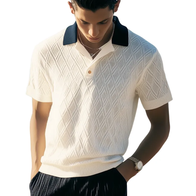 Men's Summer Diamond Jacquard Knitted Polo Neck T-Shirt MTA3099F0U sold by Manly