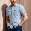 Men's Summer Vertical Striped Textured Solid Color Short-sleeved Shirt MTA0136G9U sold by Manly