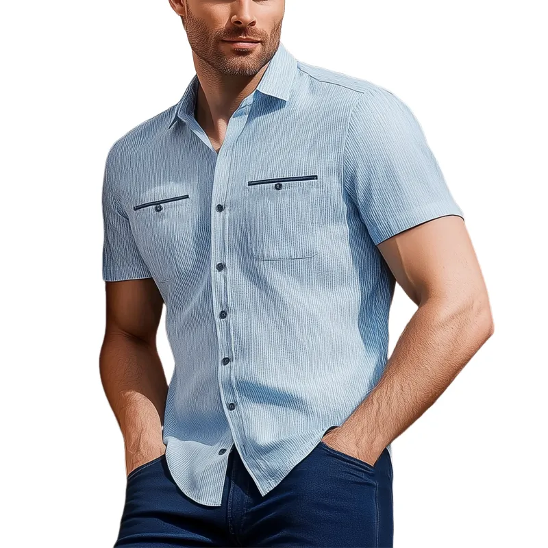 Men's Summer Vertical Striped Textured Solid Color Short-sleeved Shirt MTA0136G9U sold by Manly