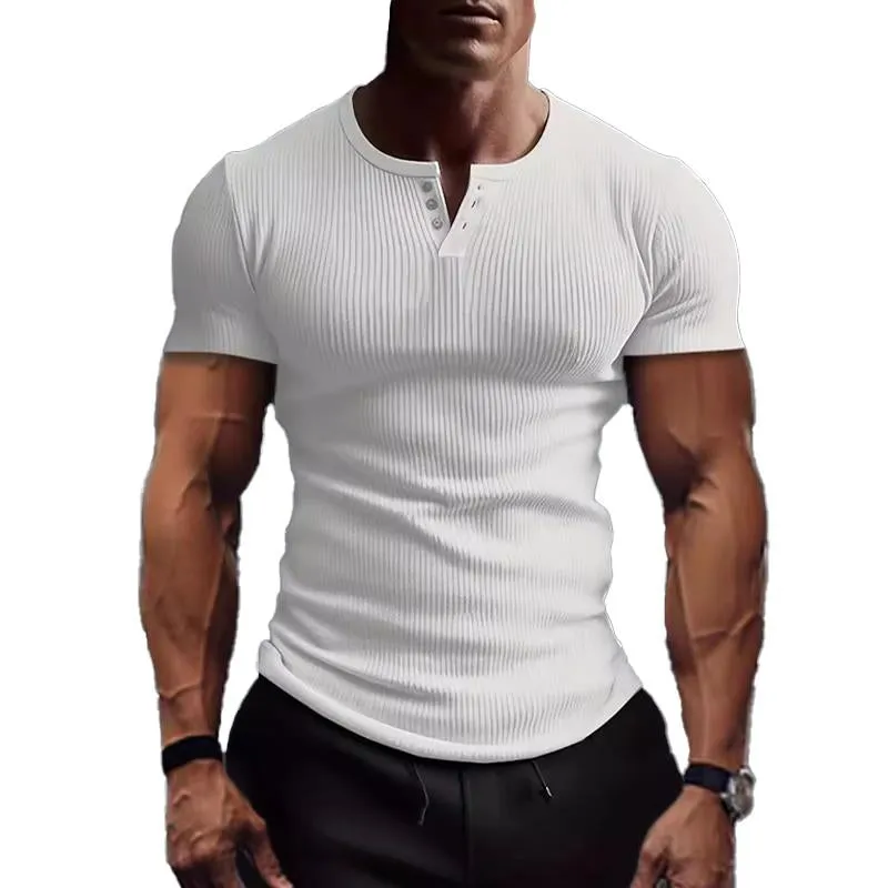 Men's Solid Color Slim Fit Stretch Henley Collar Short Sleeve T-Shirt 09980310Y sold by Manly