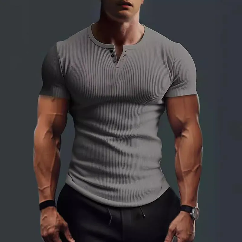 Men's Solid Color Slim Fit Stretch Henley Collar Short Sleeve T-Shirt 09980310Y sold by Manly product image thumbnail 3