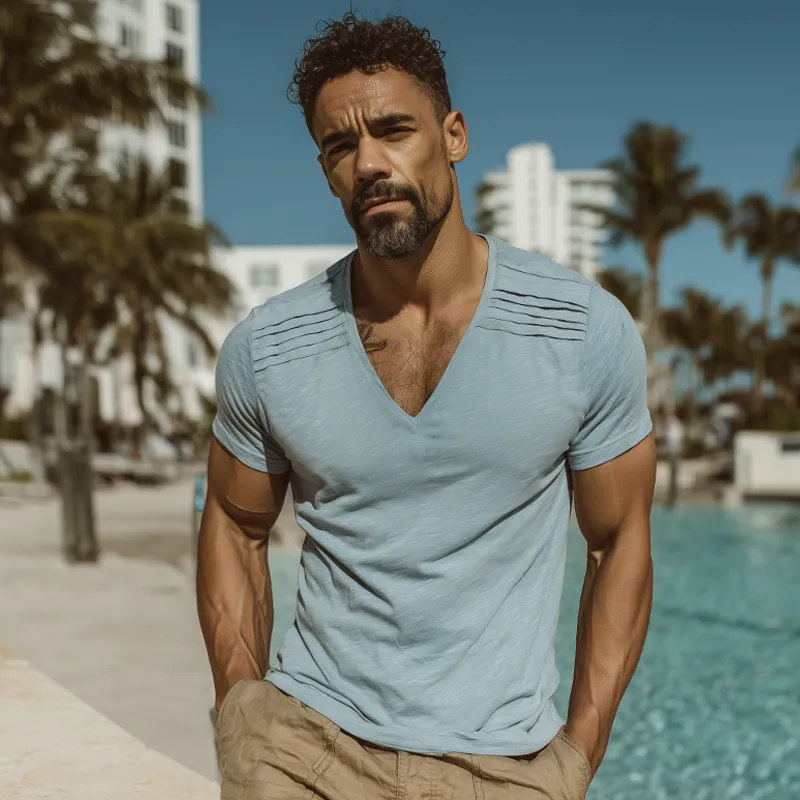 Men's Cotton Vintage Pleated V-Neck Short Sleeve T-Shirt MTA0364G4TO sold by Manly product image thumbnail 3