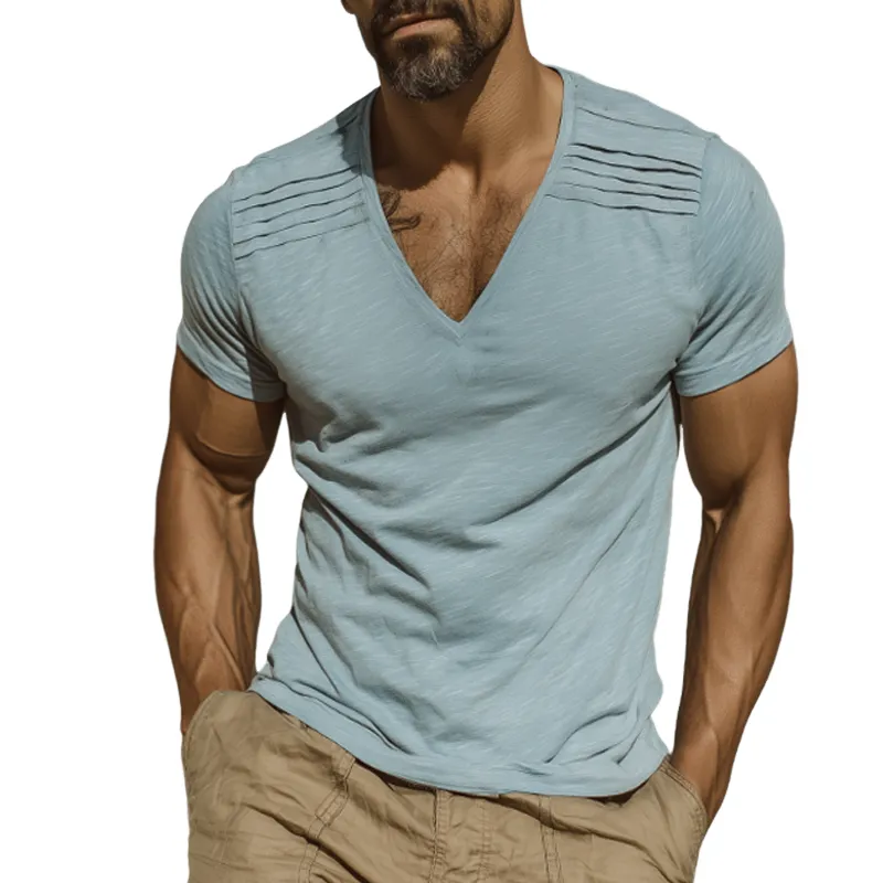 Men's Cotton Vintage Pleated V-Neck Short Sleeve T-Shirt MTA0364G4TO sold by Manly