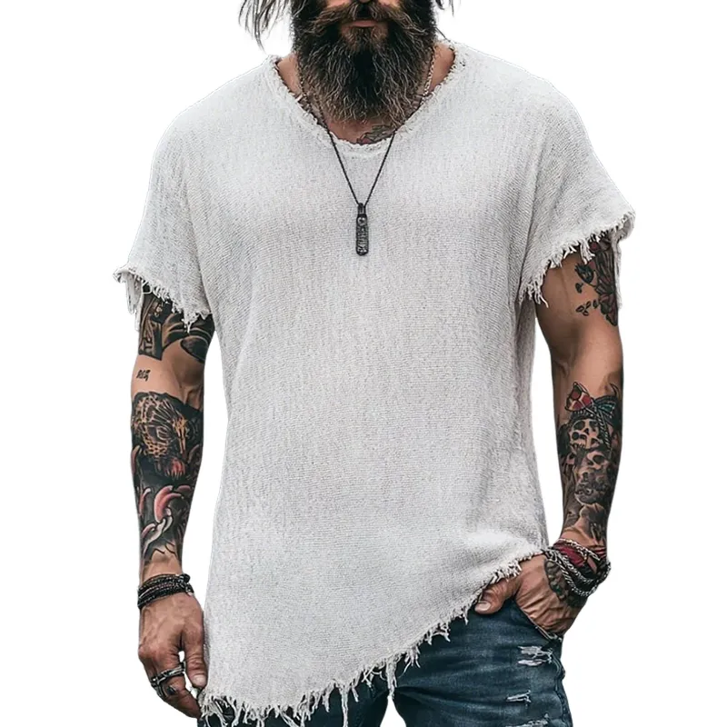 Men's Cotton Vintage Linen Raw Edge Round Neck Short Sleeve T-Shirt MTA0281G0TO sold by Manly