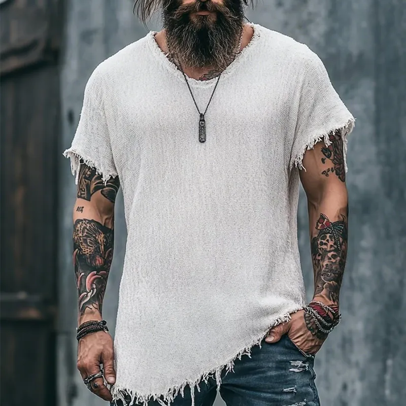 Men's Cotton Vintage Linen Raw Edge Round Neck Short Sleeve T-Shirt MTA0281G0TO sold by Manly product image thumbnail 2
