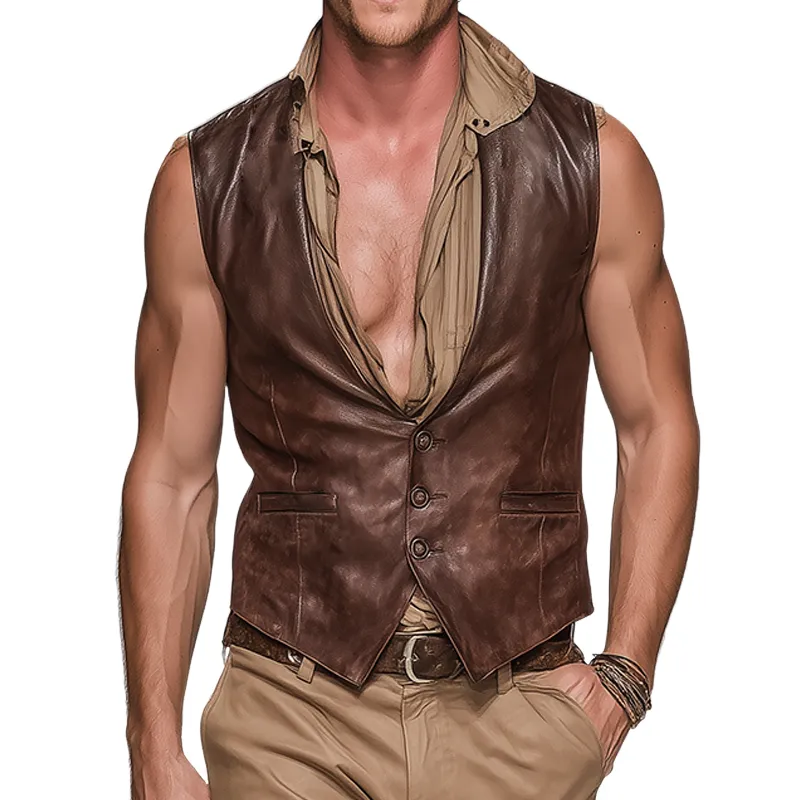 Men's Distressed Vintage Leather Single-breasted Vest MTA0274G7TO sold by Manly