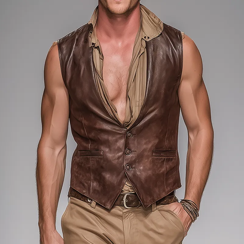 Men's Distressed Vintage Leather Single-breasted Vest MTA0274G7TO sold by Manly product image thumbnail 2
