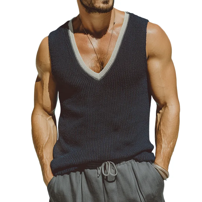 Men's Retro Colorblock Knit V-Neck Tank Top MTA0346G2TO sold by Manly