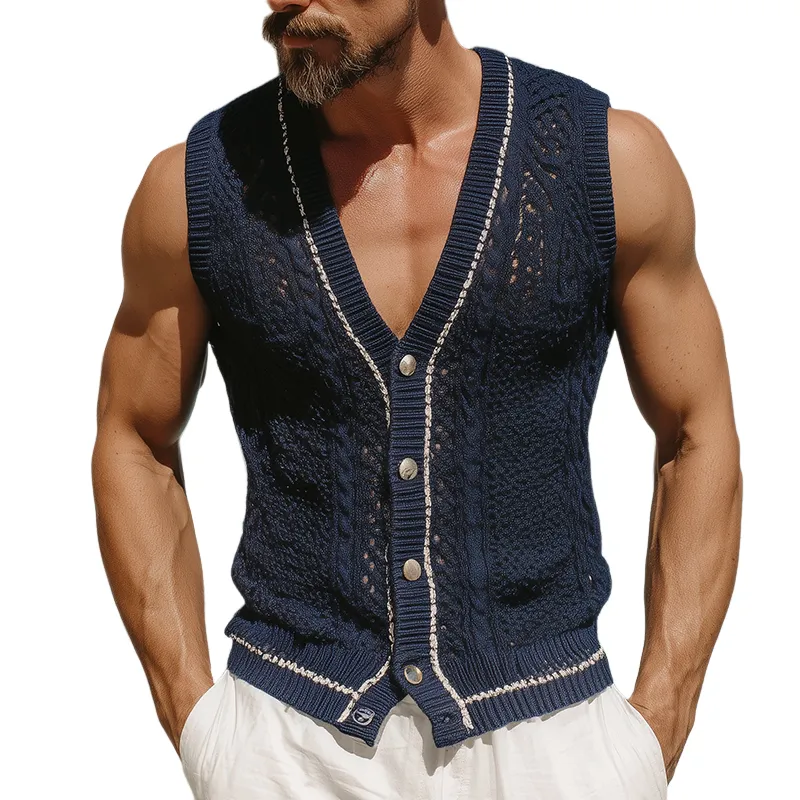 Men's Retro Colorblock Knitted Collarless Single Breasted Vest MTA0398G5TO sold by Manly