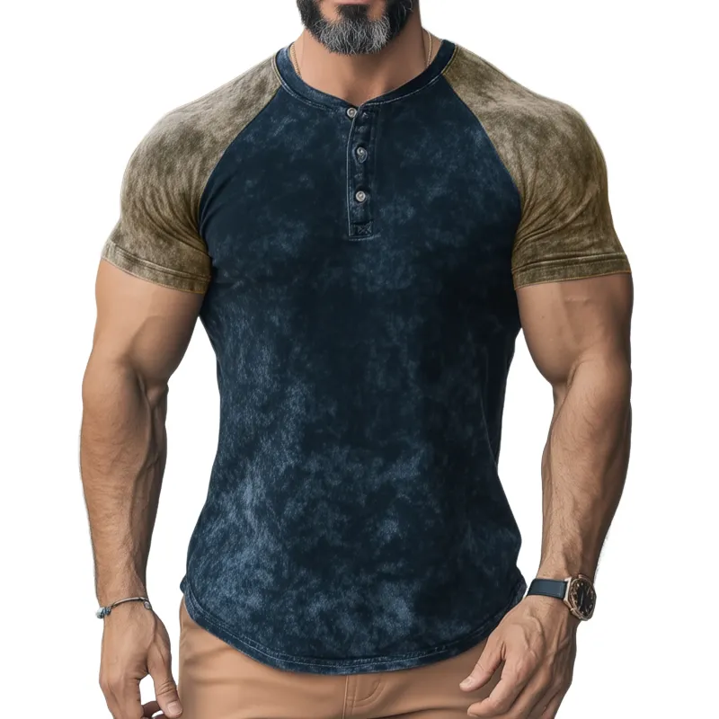 Men's Casual Distressed Colorblock Print Henley Collar Slim Fit Short Sleeve T-shirt MTA0329G9M sold by Manly