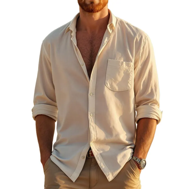 Men's Casual Breathable Skin-friendly Solid Color Cotton Lapel Patch Pocket Loose Long Sleeve Shirt MTA0373G5M sold by Manly