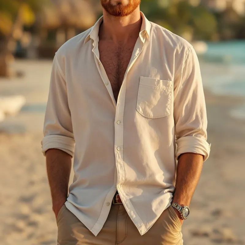 Men's Casual Breathable Skin-friendly Solid Color Cotton Lapel Patch Pocket Loose Long Sleeve Shirt MTA0373G5M sold by Manly product image thumbnail 2