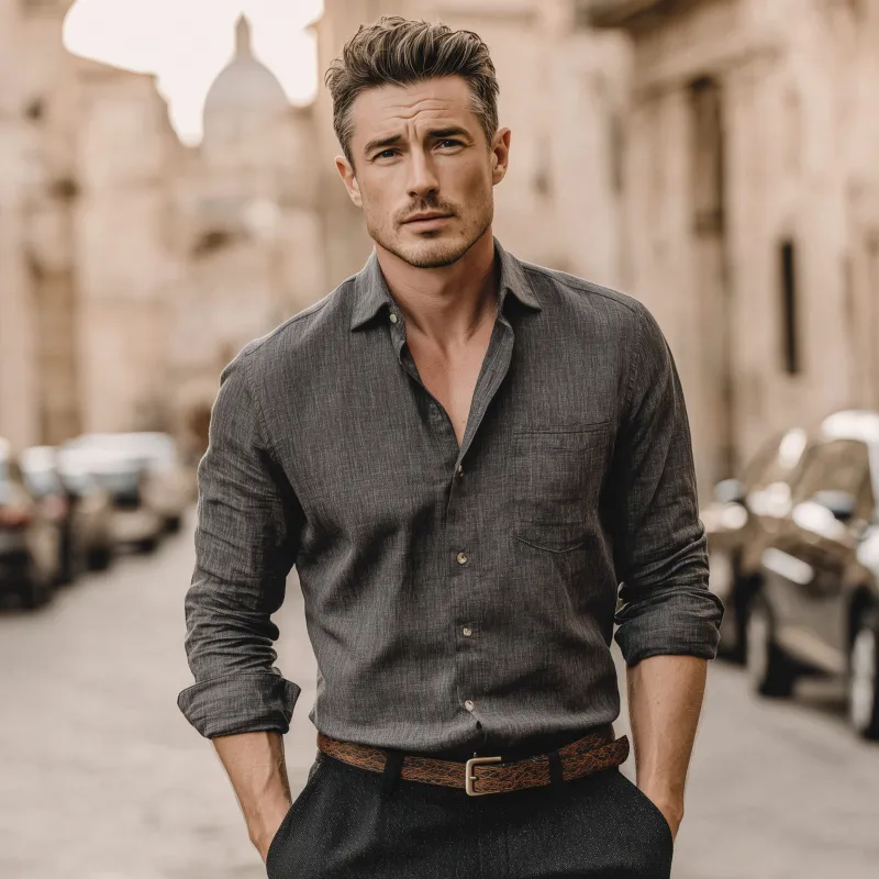 Men's Casual Breathable Cotton Linen Lapel Patch Pocket Slim Fit Long Sleeve Shirt MTA0354G3M sold by Manly product image thumbnail 5