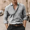 Men's Casual Breathable Cotton Linen Lapel Patch Pocket Slim Fit Long Sleeve Shirt MTA0354G3M sold by Manly