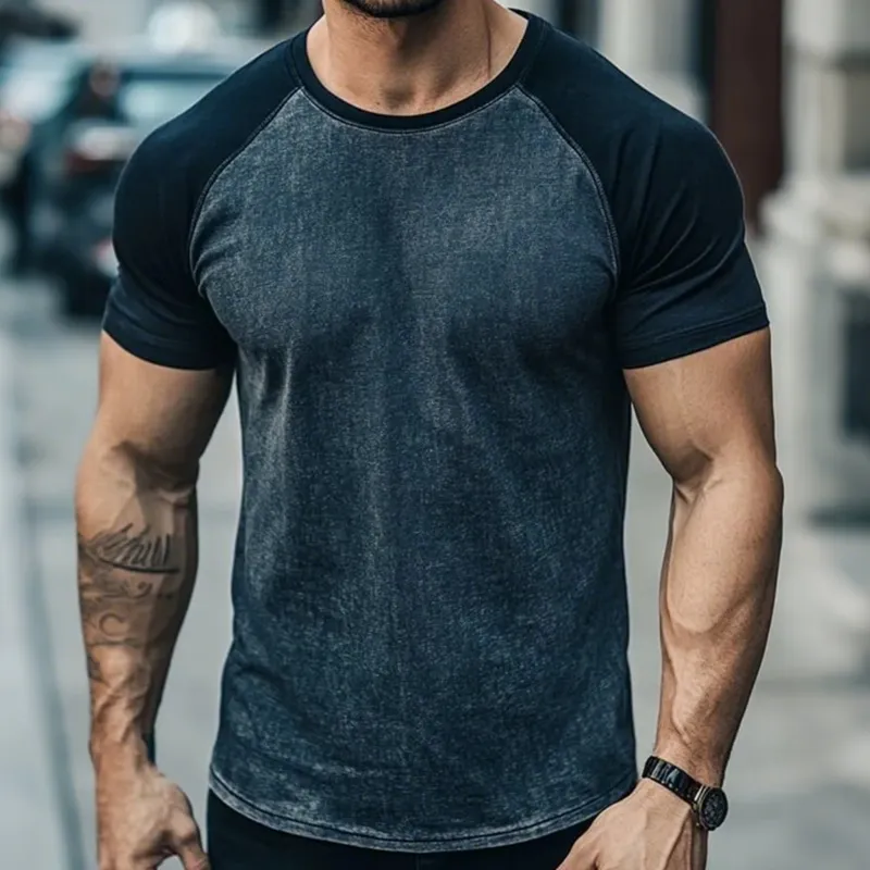 Men's Casual Breathable Cotton Patchwork Denim Round Neck Slim Short Sleeve T-shirt MTA0356G3M sold by Manly product image thumbnail 3
