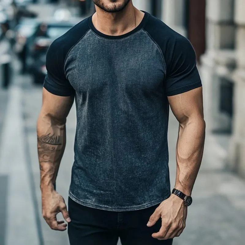 Men's Casual Breathable Cotton Patchwork Denim Round Neck Slim Short Sleeve T-shirt MTA0356G3M sold by Manly product image thumbnail 2